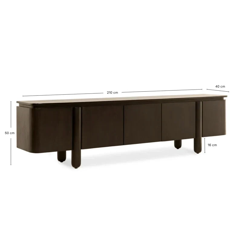 Donkerbruin TV Meubel Rondo 210 cm met afgeronde hoeken en ruime opbergruimte in moderne woonkamer