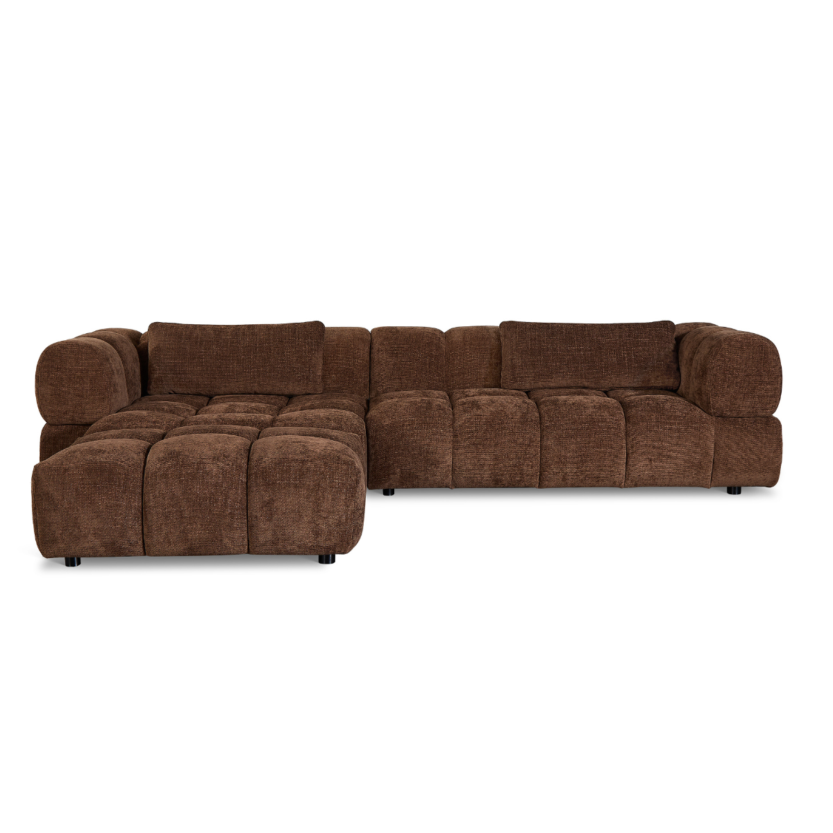 Hoekbank Sofia choco links van zachte chenille stof met comfortabel design en luxe uitstraling