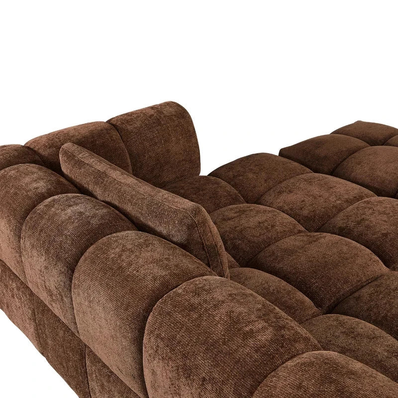 Hoekbank Sofia choco links van zachte chenille stof met comfortabele kussens en moderne luxe uitstraling