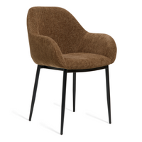 Eetkamerstoel Zara in choco stof met comfortabele armleuningen en metalen onderstel